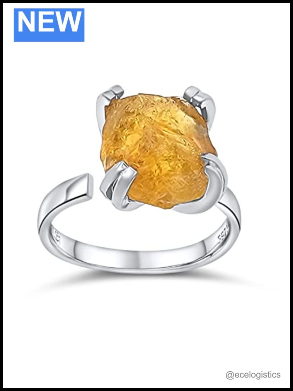 Raw Citrine Crystal Adjustable Ring White Gold Over 925 Sterling Silver